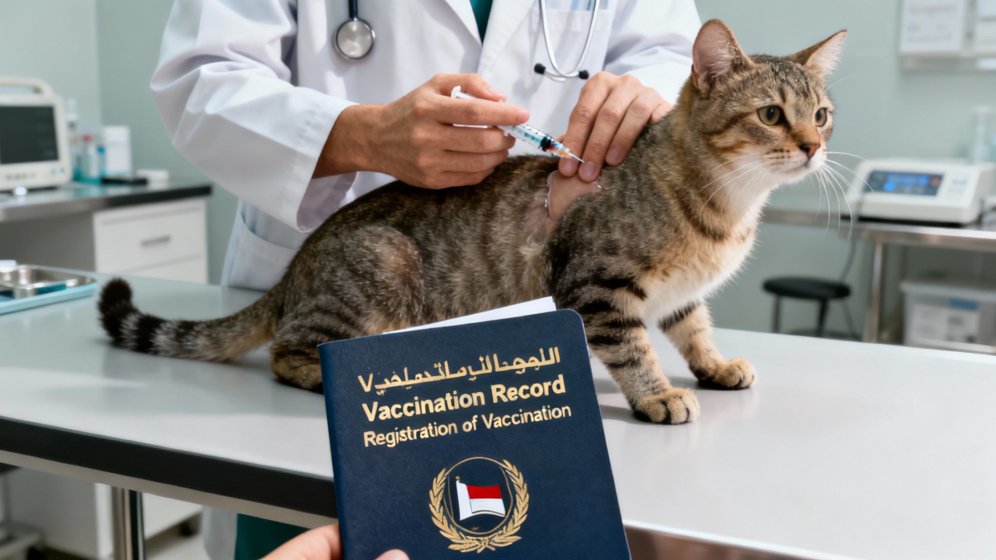 A veterinarian administering a vaccine to a calm cat held by its owner.