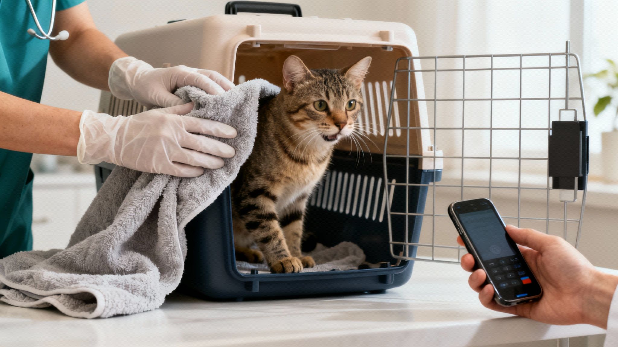 A veterinarian carefully examining a cat's mouth while wearing protective gloves.