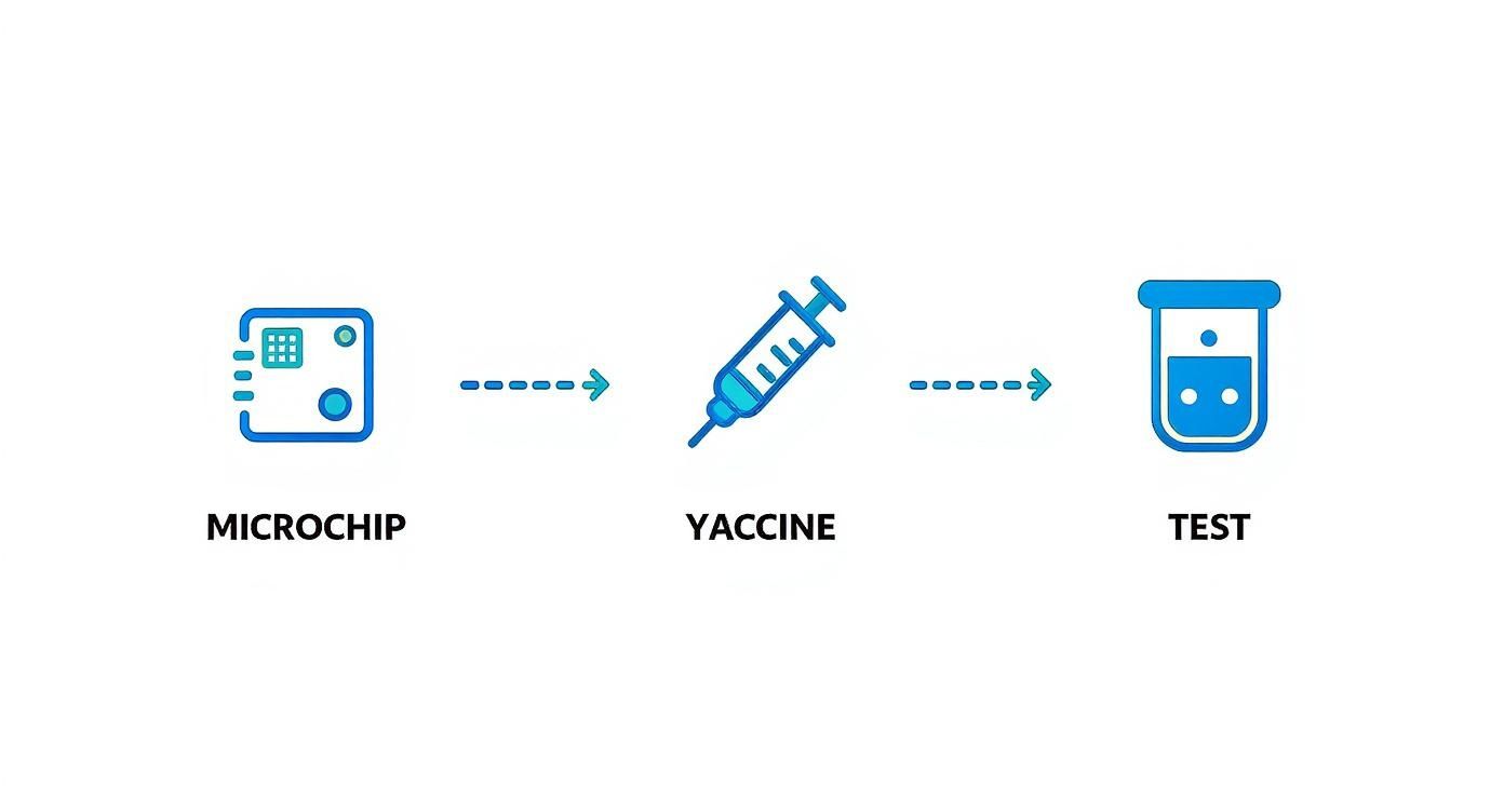 Infographic showing the pet travel process: first a microchip icon, then a syringe icon for the vaccine, followed by a test tube icon for a blood test.