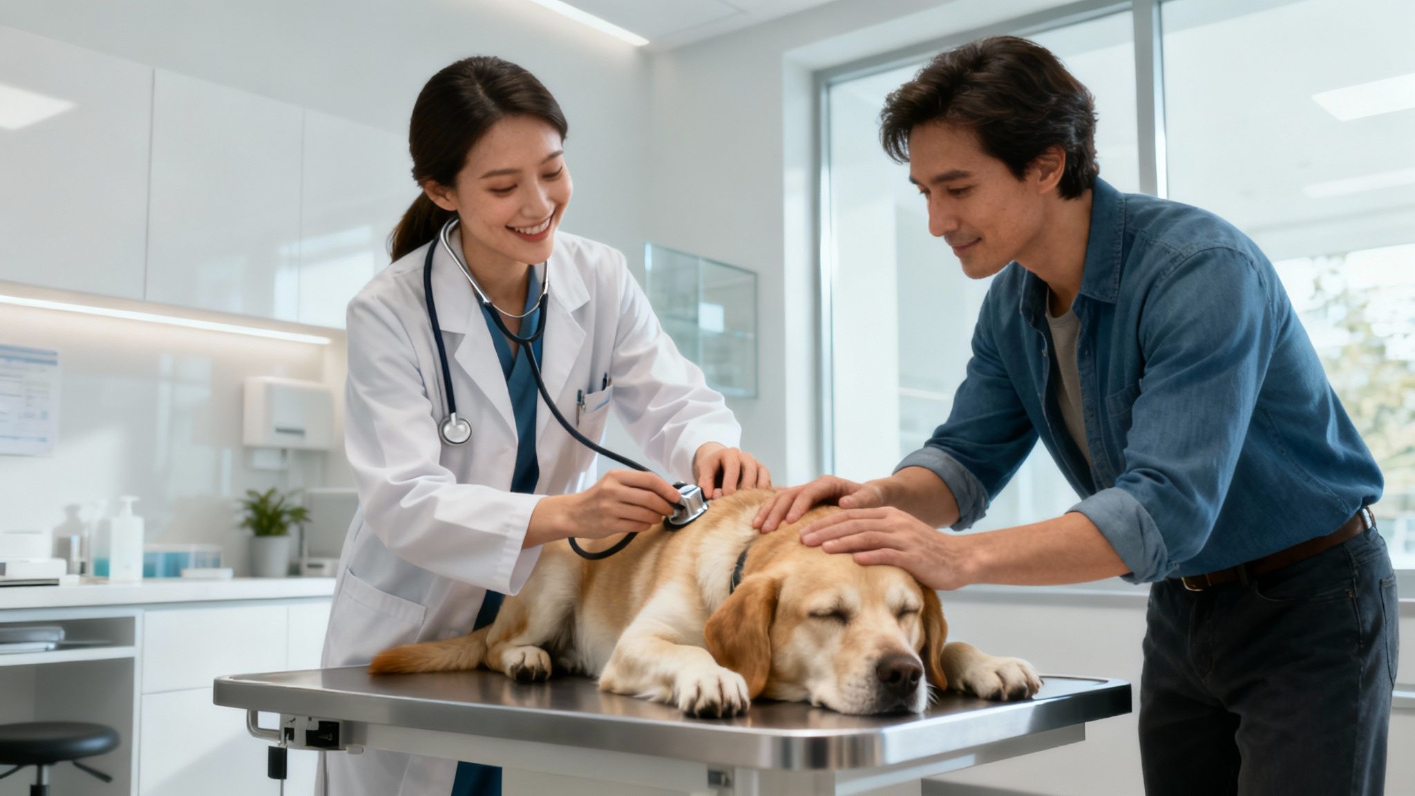 A veterinarian checking the teeth of a golden retriever dog.