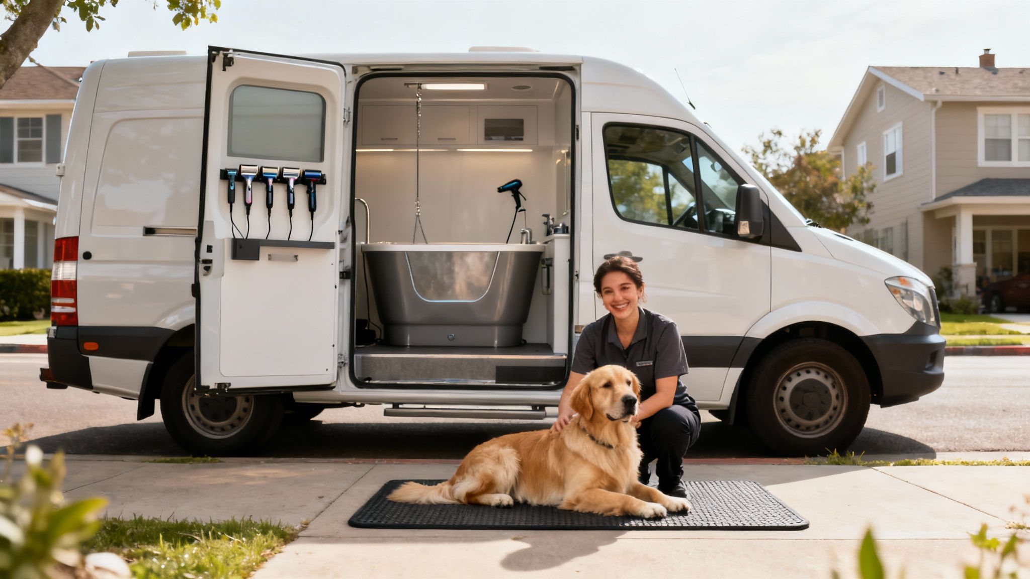 A calm dog being groomed inside a clean, well-lit mobile grooming van.