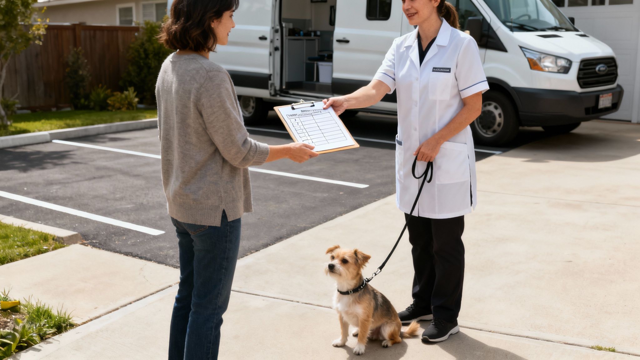 A smiling person handing their fluffy dog over to a friendly mobile groomer at their front door.