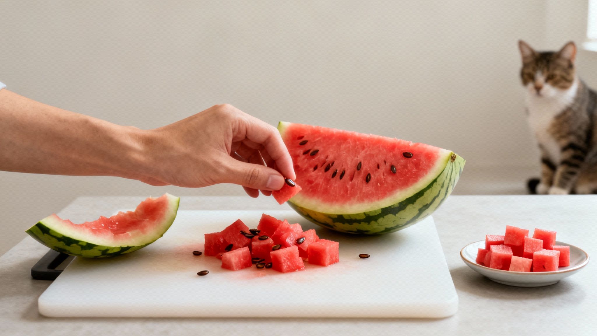 A small, neat pile of kibble-sized watermelon cubes on a cutting board, ready for a cat.