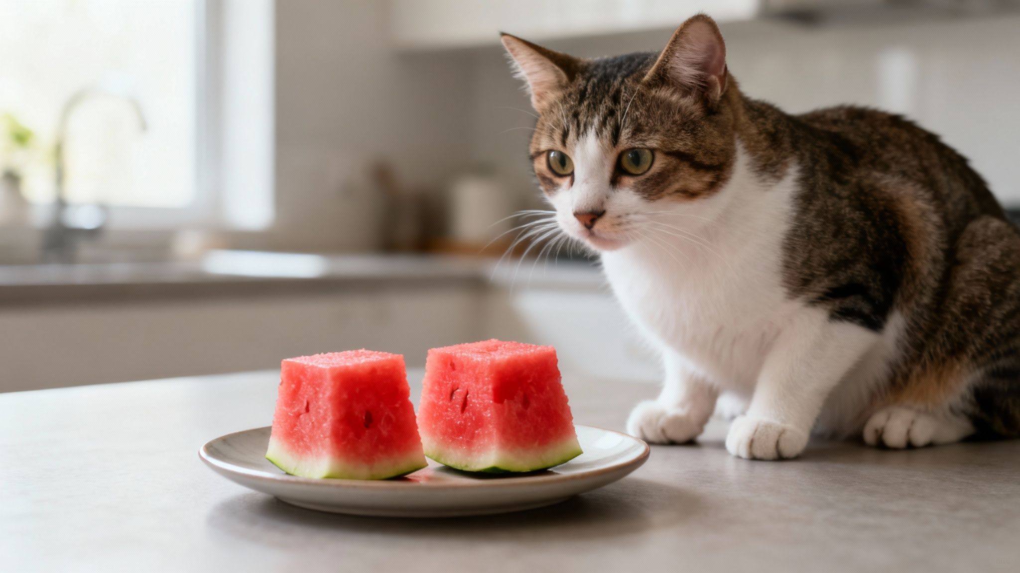 A cat curiously sniffing a small piece of red watermelon flesh on a clean surface.
