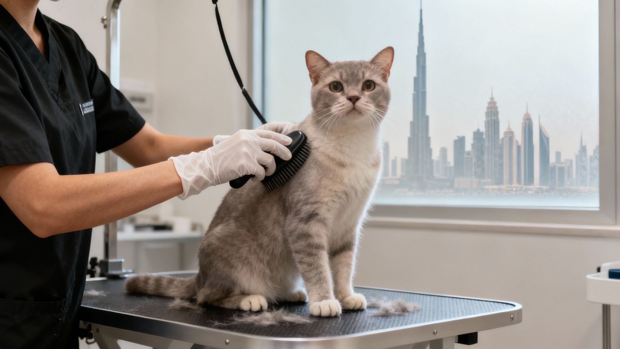 A relaxed long-haired cat being gently brushed by a professional groomer in a clean, bright clinic.