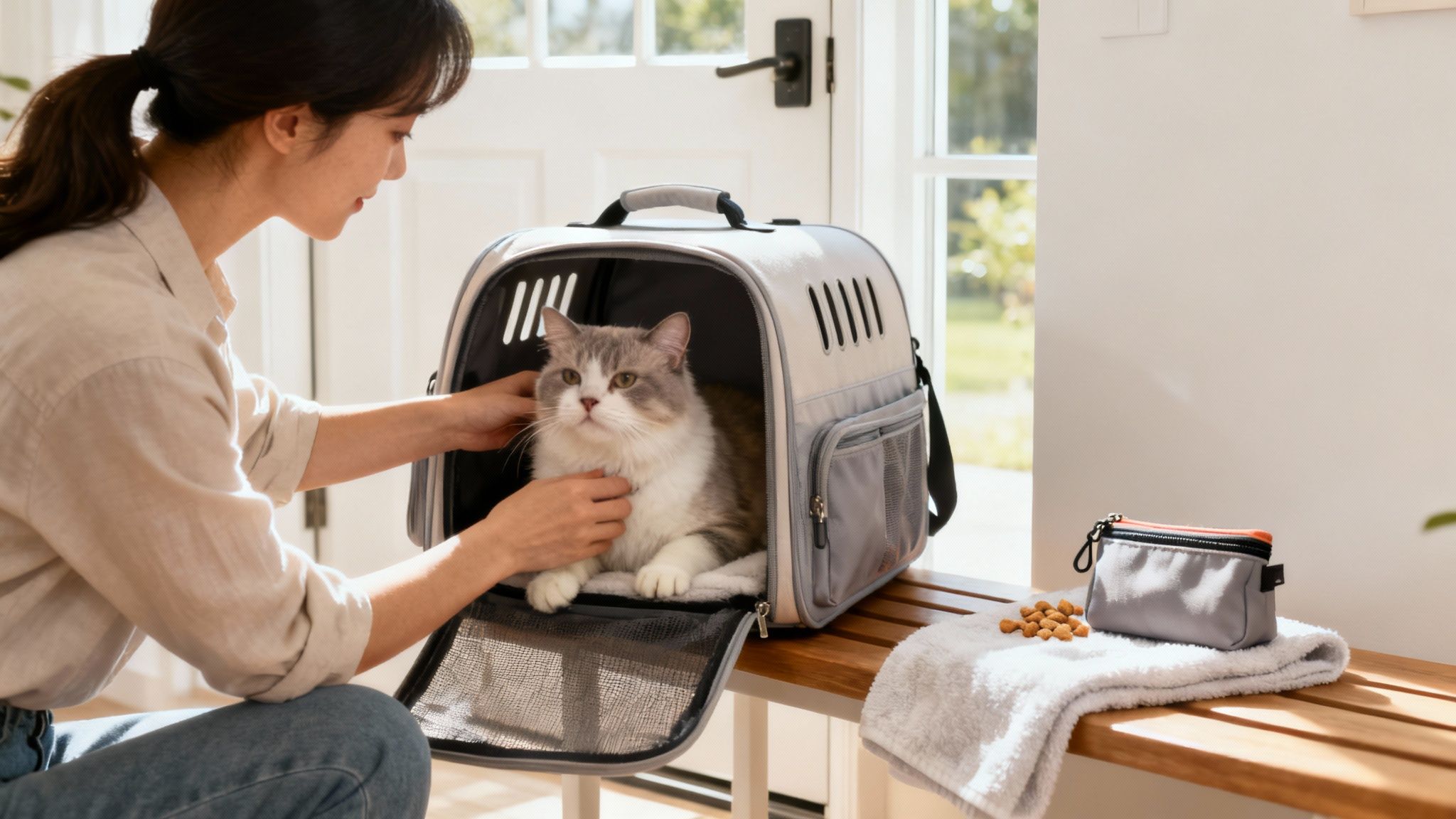 A calm cat peeking out of a comfortable, open pet carrier.