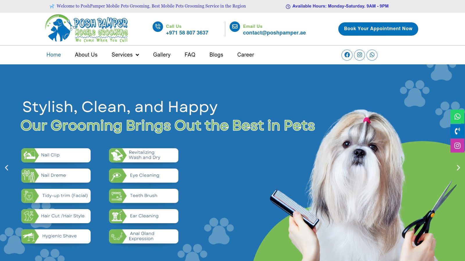 PoshPamper mobile grooming service showing a groomer with a dog.