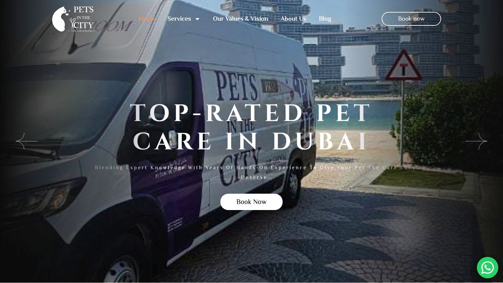 Pets in the City's website homepage showcasing their mobile and in-store grooming options.