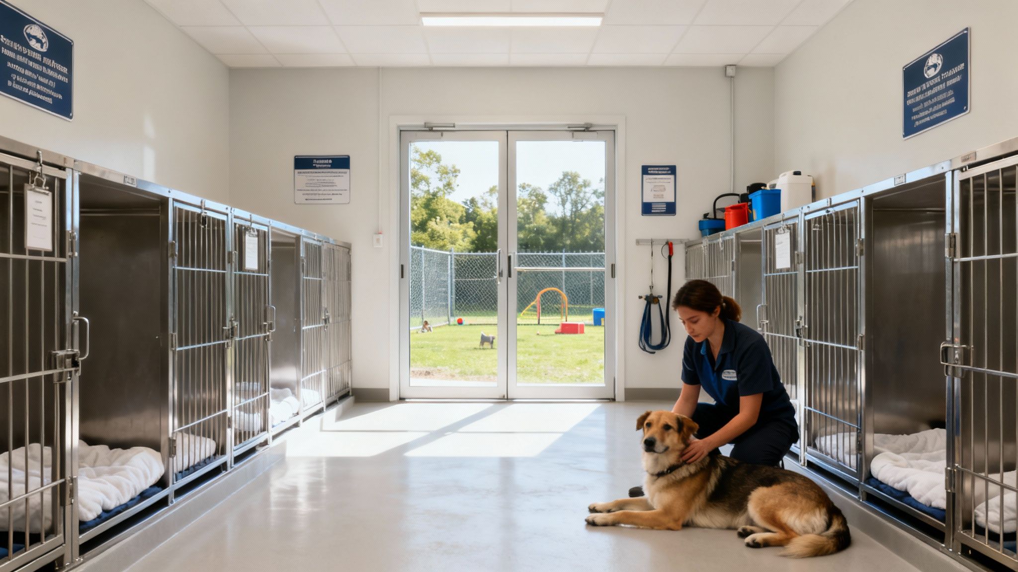 Happy dog playing with a toy in a clean boarding facility