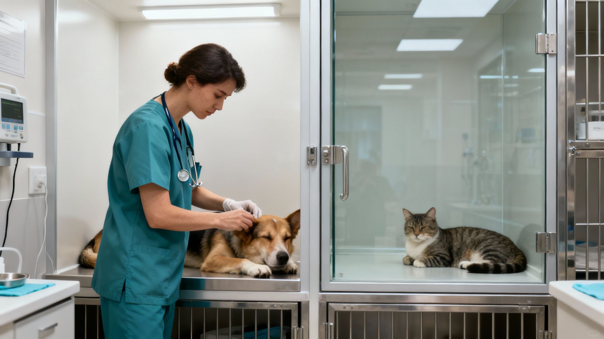Veterinarian checking on a dog in a clean, modern clinic