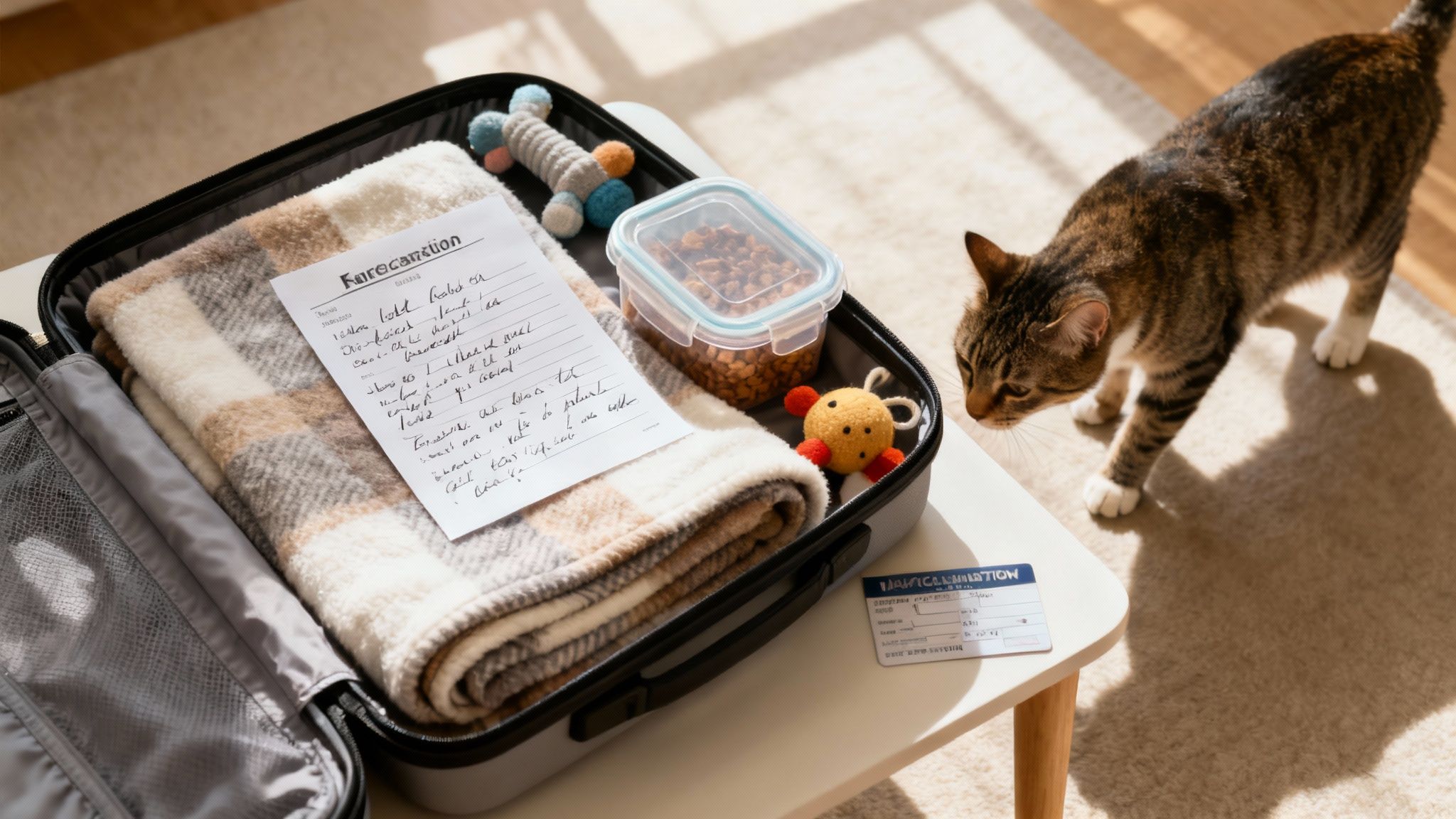 A person packing a cat's favourite blanket and toys into a carrier bag.