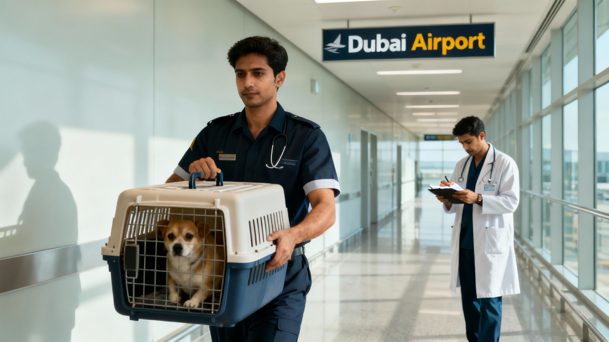 A customs officer calmly inspecting a pet travel crate at an airport facility.