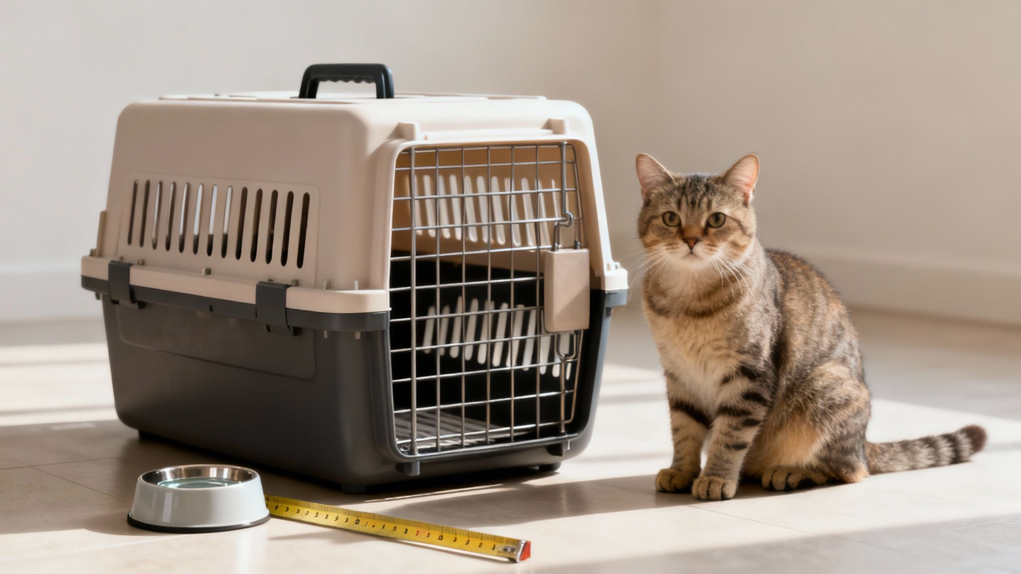 A small dog peeking out of a compliant, well-ventilated travel crate.