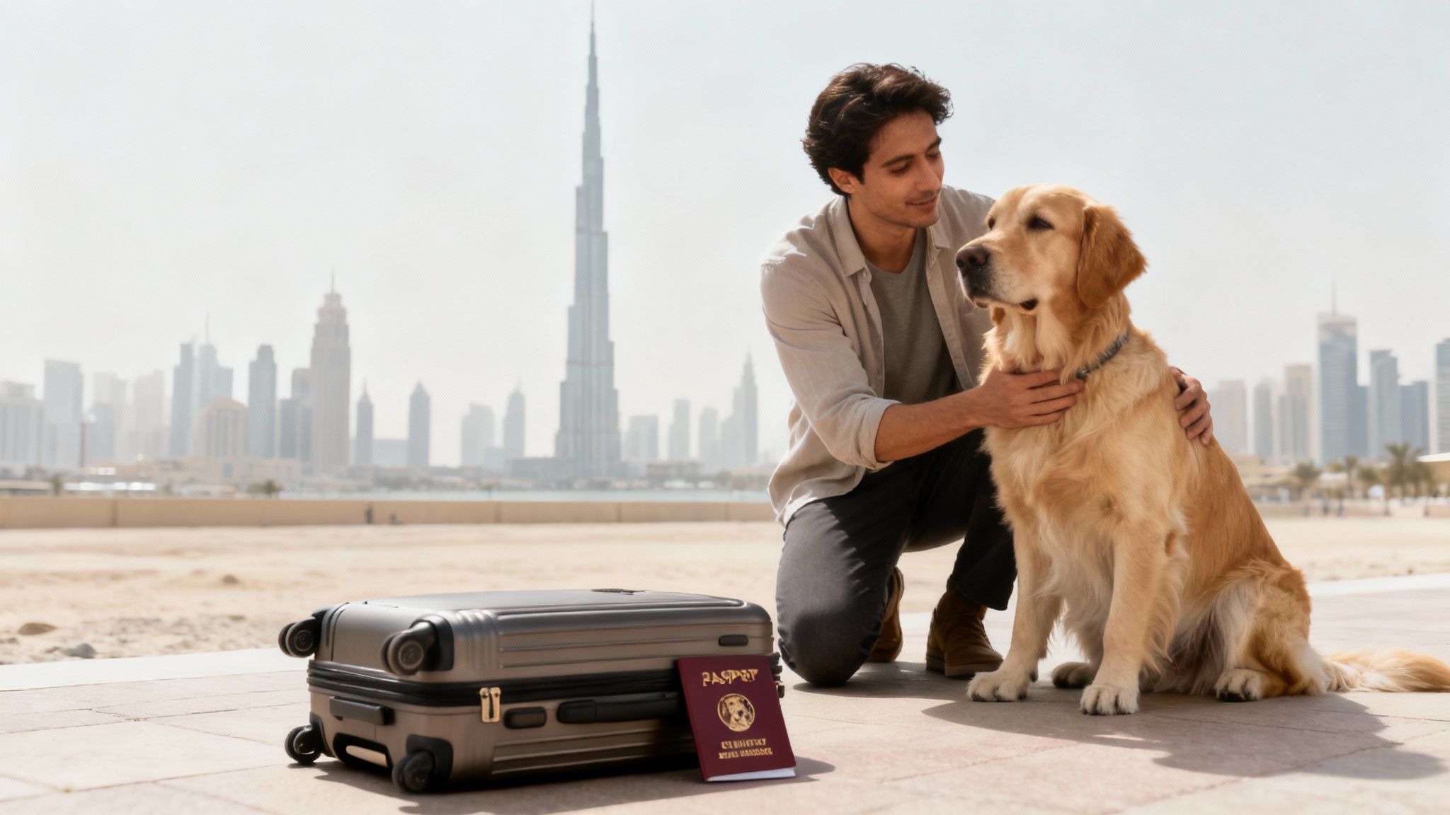 A happy golden retriever sitting in an open pet travel crate, ready for a journey.