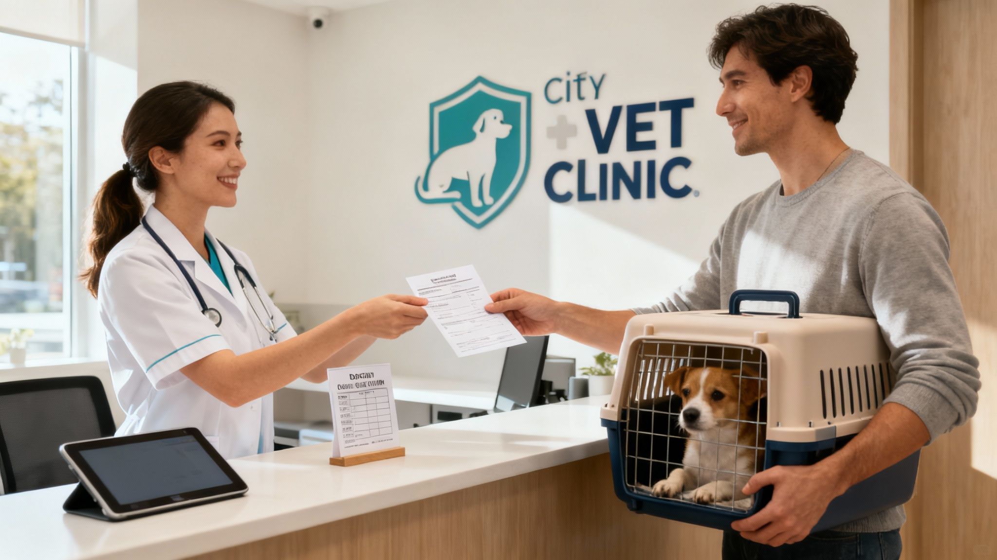 A friendly vet staff member carefully placing a cat in a travel carrier inside a vehicle.