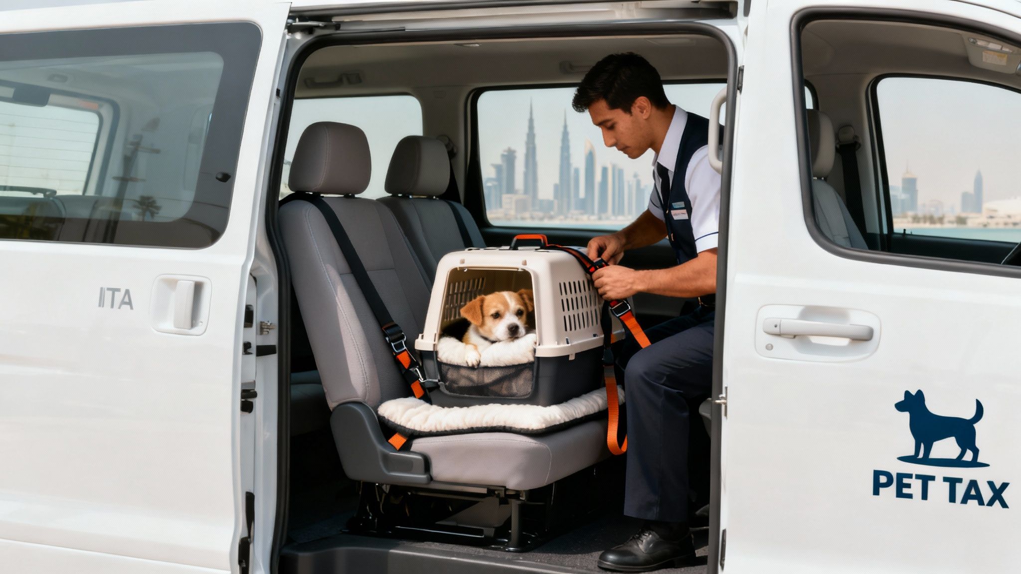 A happy dog looking out of a car window, representing a pet taxi service in Dubai.