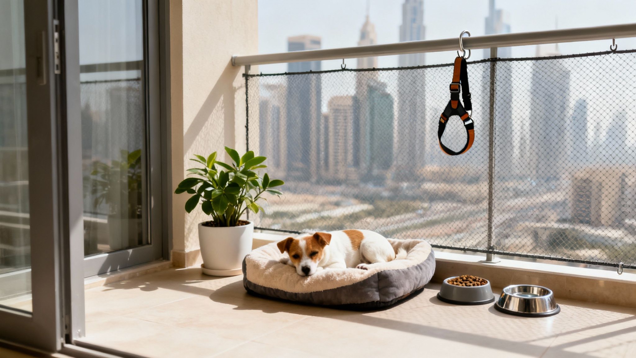 A comfortable living room with a cozy pet bed and toys, ready for a new arrival.