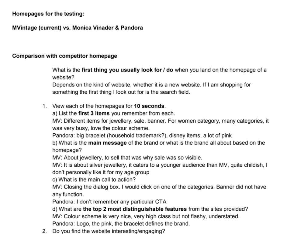 A screenshot of interview feedback document captured during user testing sessions of the homepage.