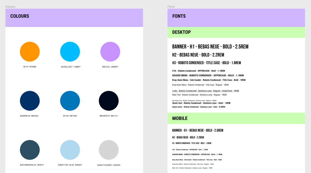 A sample of the design system showing colour scheme and fonts, also in REM.