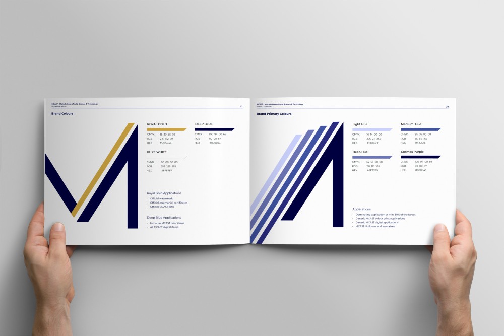 Colours: The primary colour scheme and using the brand element as a design element.