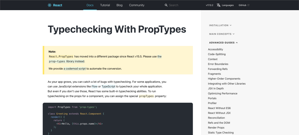 Screenshot: PropTypes helps keep code in line with agreed practices, and consistent throughout.