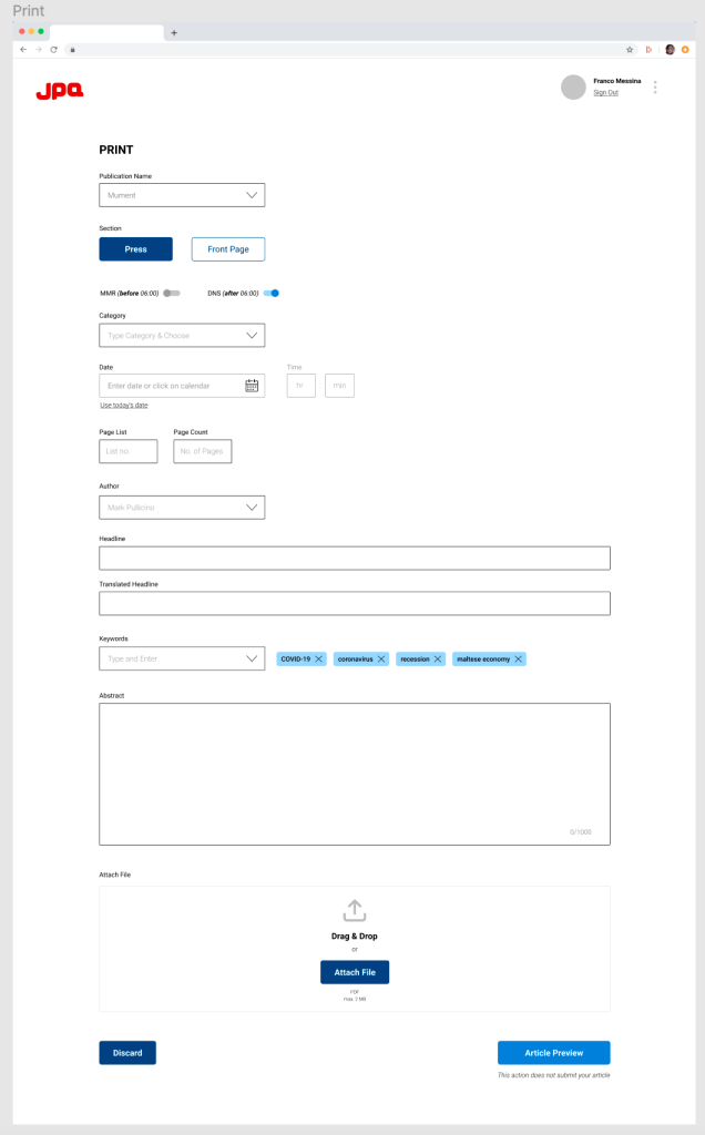 Form design example: Uploading a new Print article