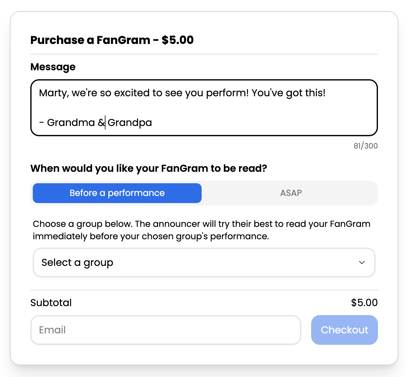 Concessions menu in the volunteer app