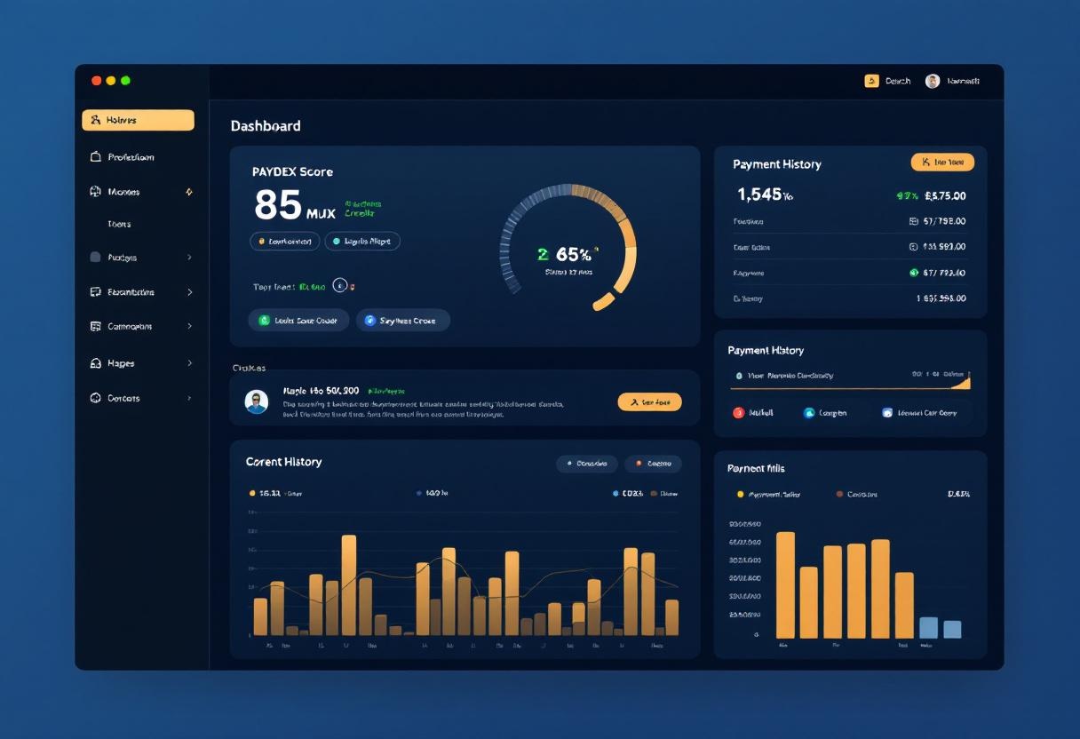 Business credit dashboard showing PAYDEX score of 85 with green indicators