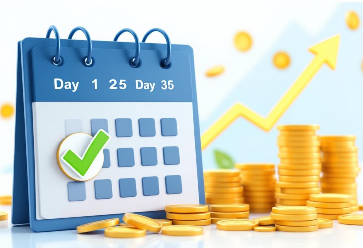 Calendar showing 30-day payment timeline with credit score graph rising in background