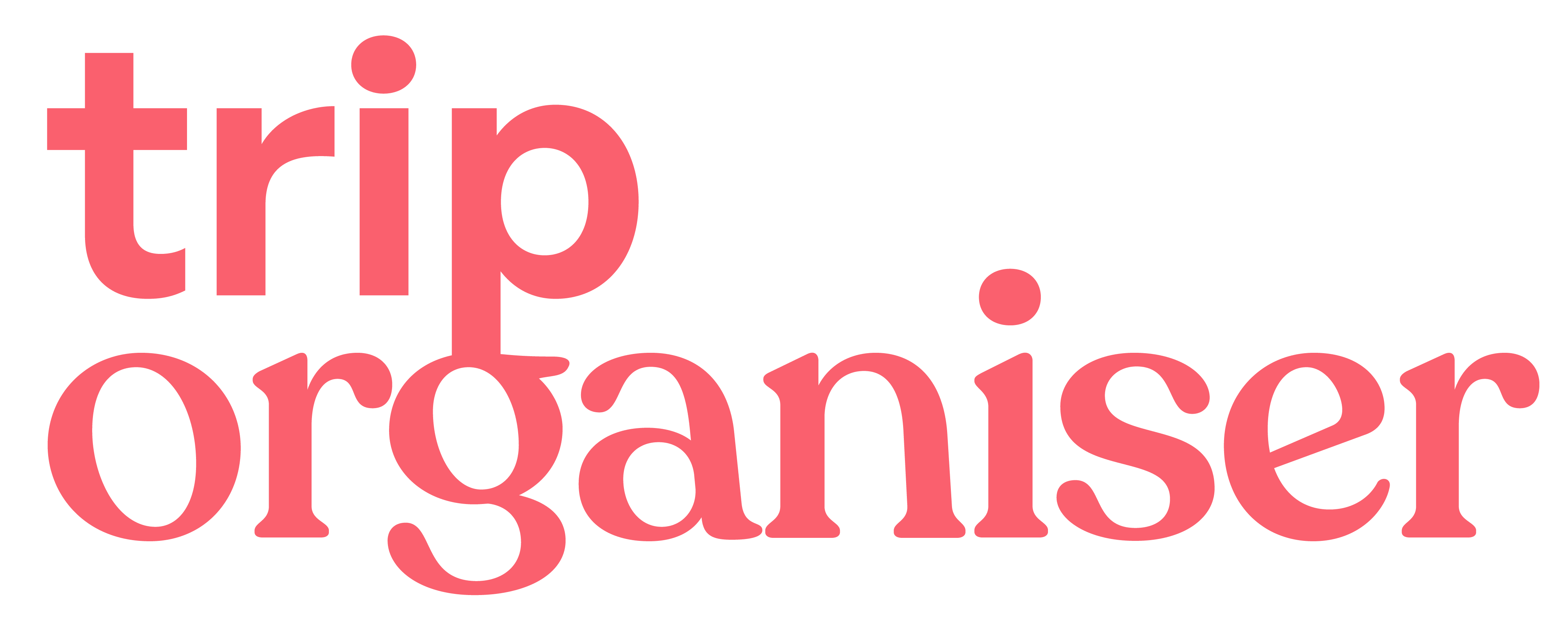 Trip Organiser logo text in bold pink letters with stacked layout on transparent background.