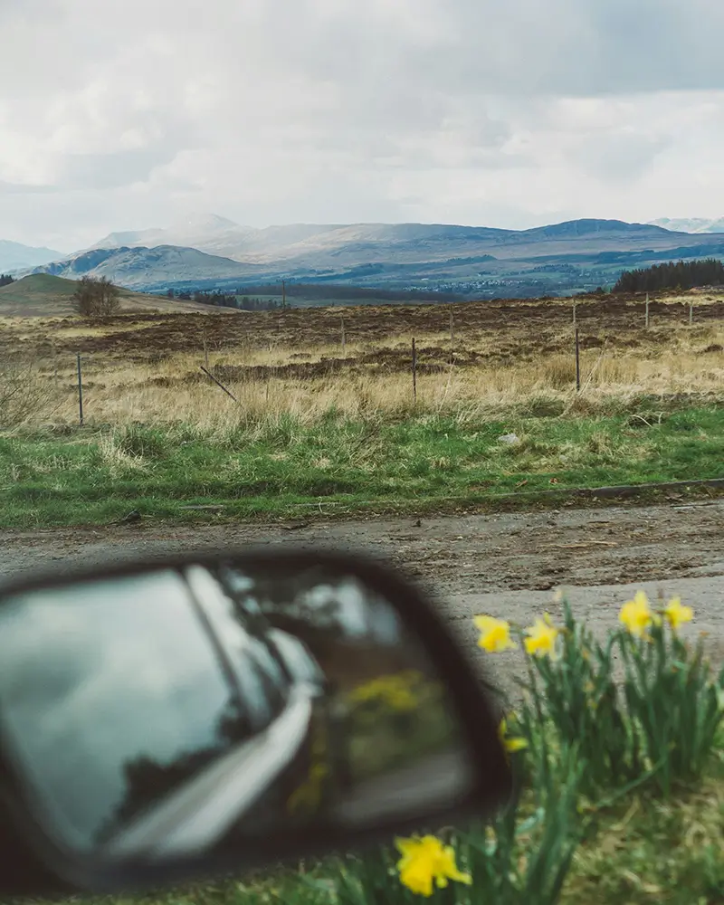 View of grassy hills and mountains with yellow flowers and a car side mirror in the foreground.