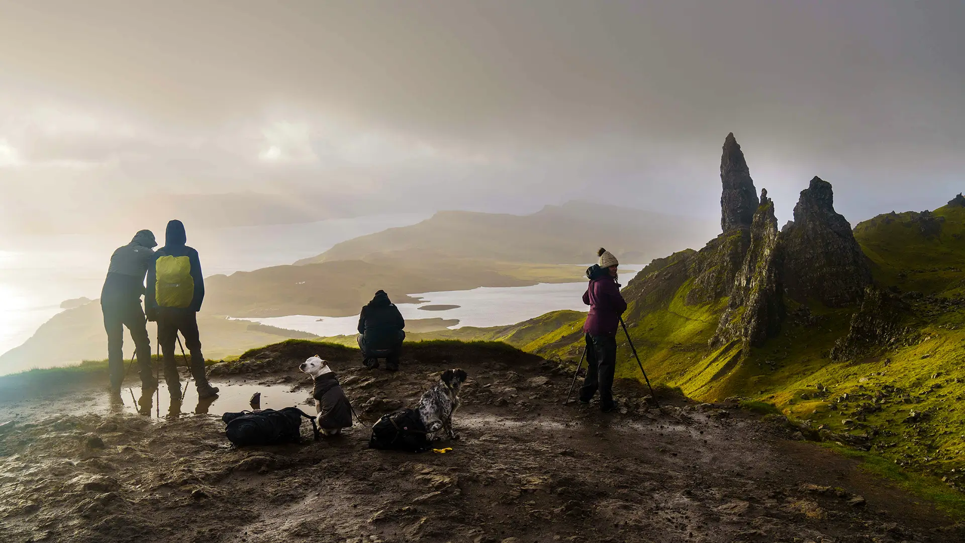 Hikers with dogs and cameras on a muddy hill overlooking rocky peaks and misty water in Scotland.