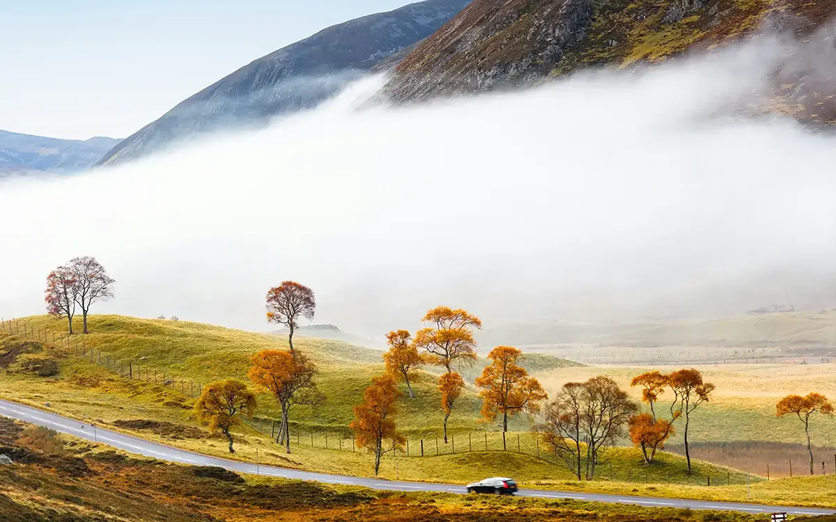Car driving on a winding road through autumn trees on grassy hills with fog in the valley.