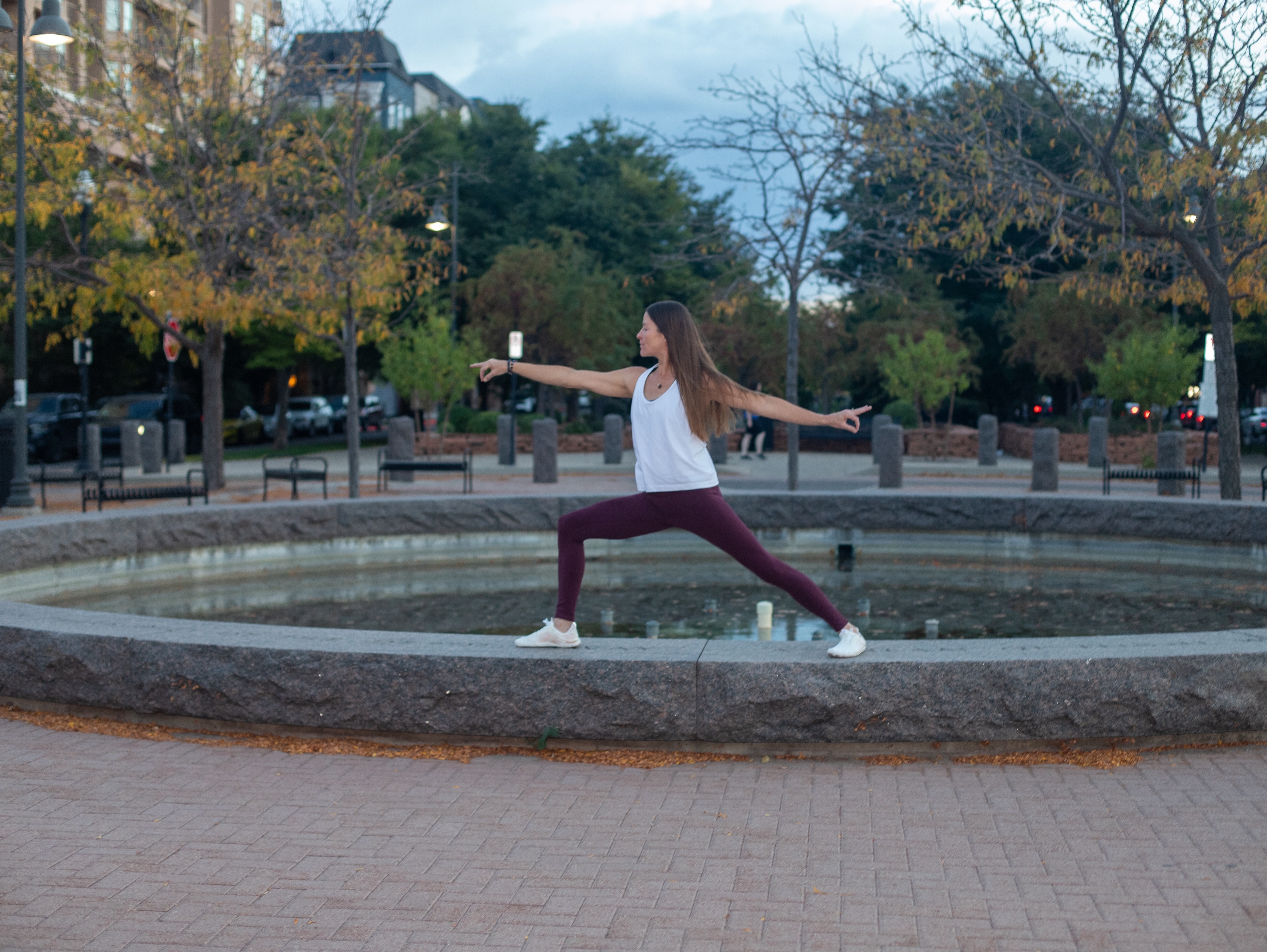 Rachel Cieslewicz in warrior II pose, Salt Lake City