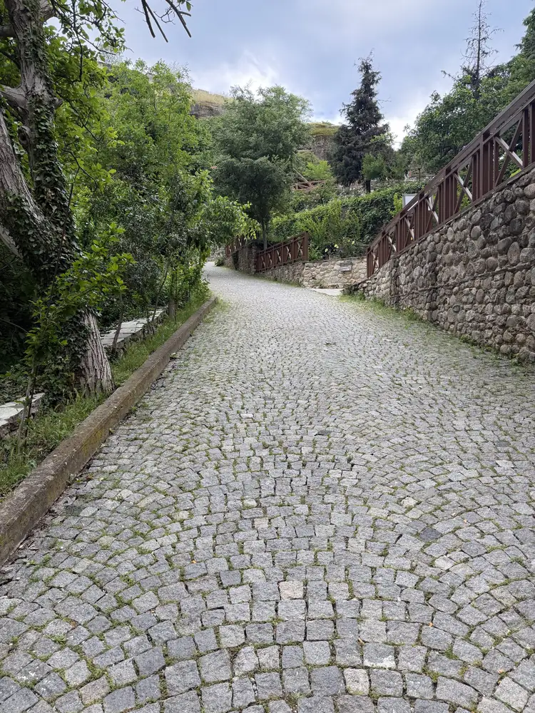 Cobblestone lane winding up through Kastraki village