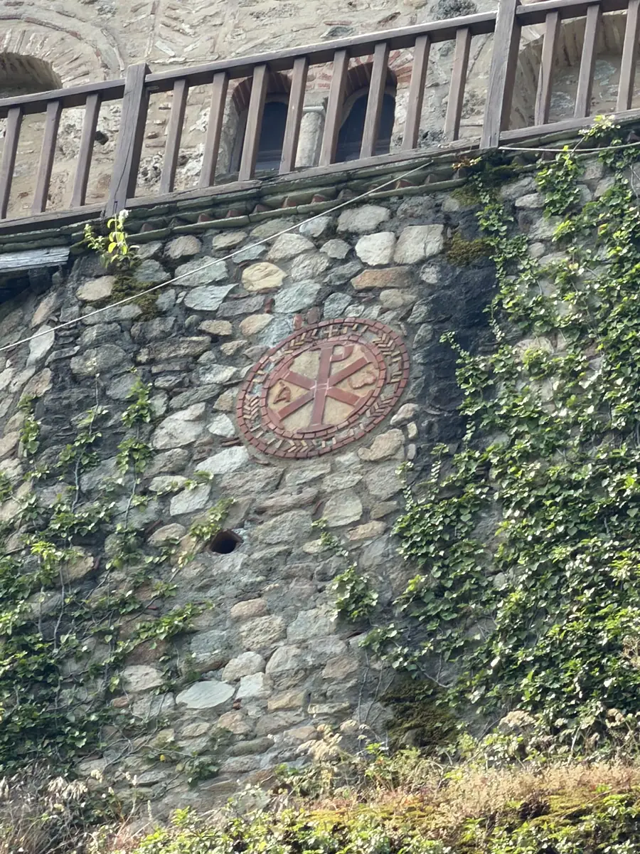 Chi-Rho mosaic set into the stone wall of a Meteora monastery