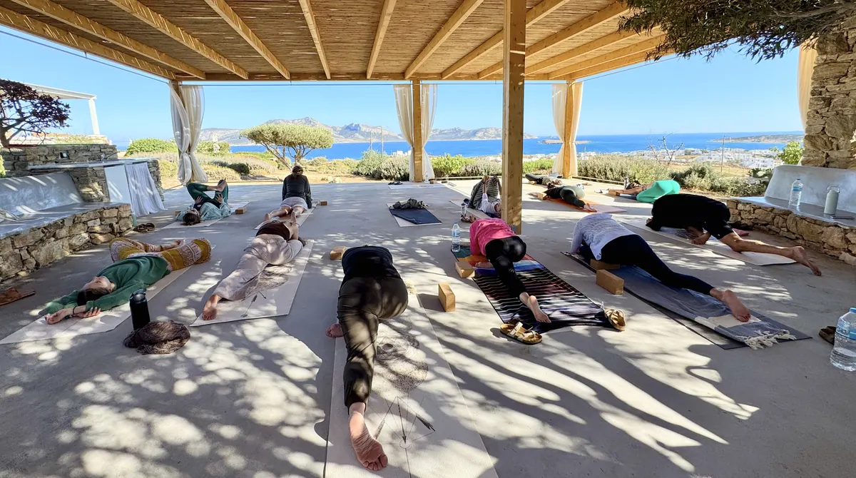 Practice under the pergola, seen from the far side of the terrace