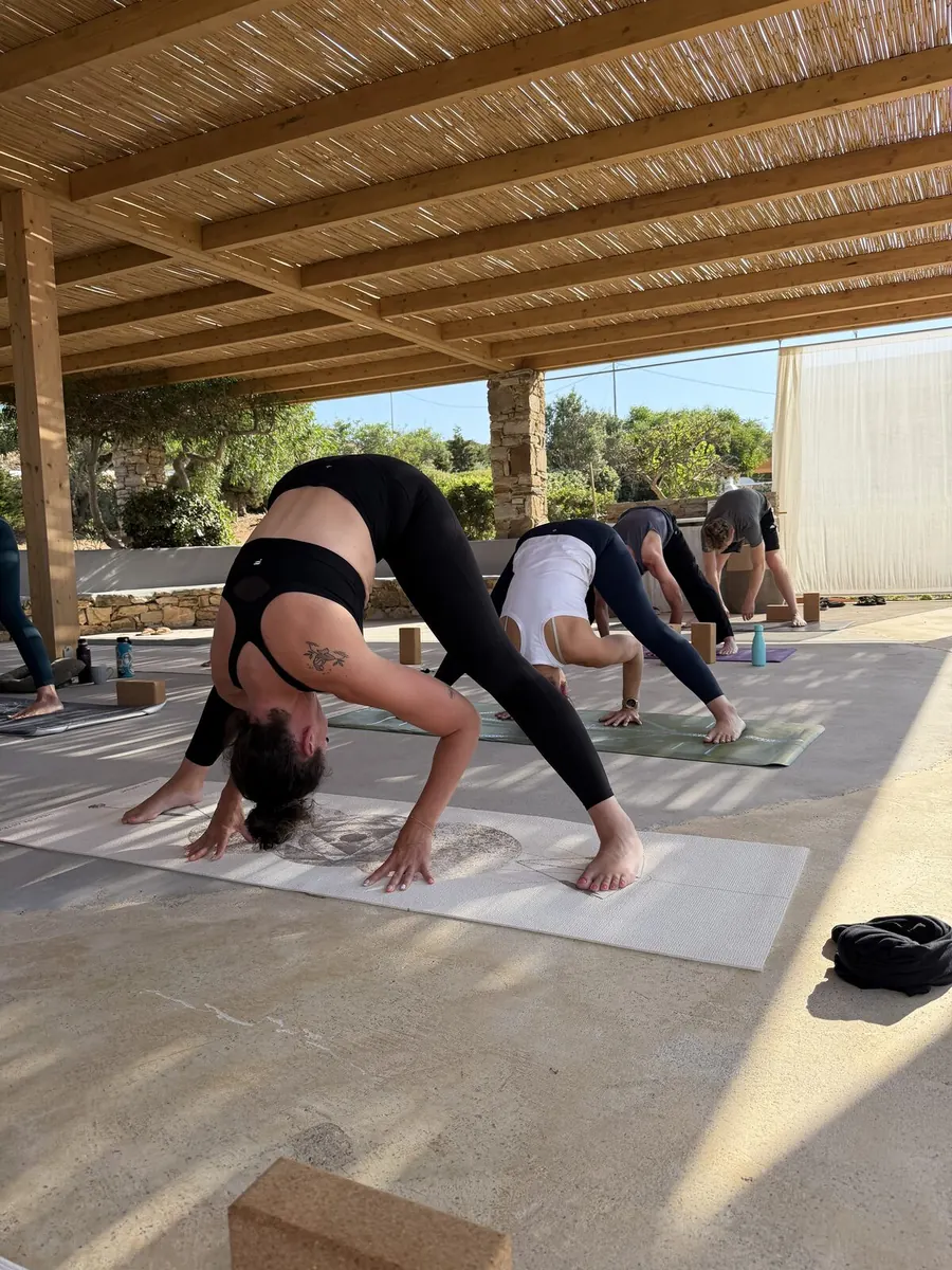 Morning yoga practice overlooking the Aegean