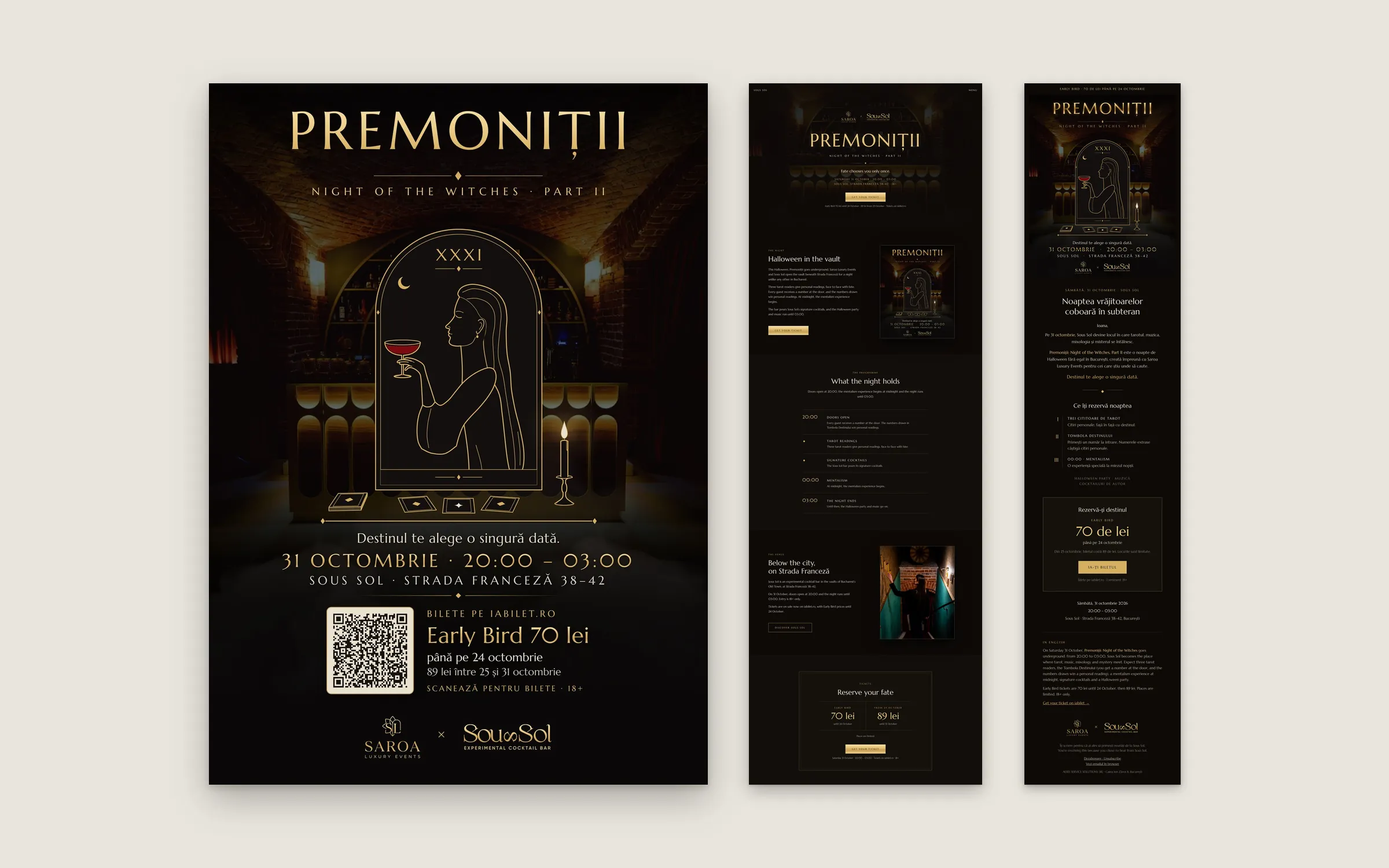 The Premoniții A3 poster with QR code next to the full-length event landing page and the announcement email.