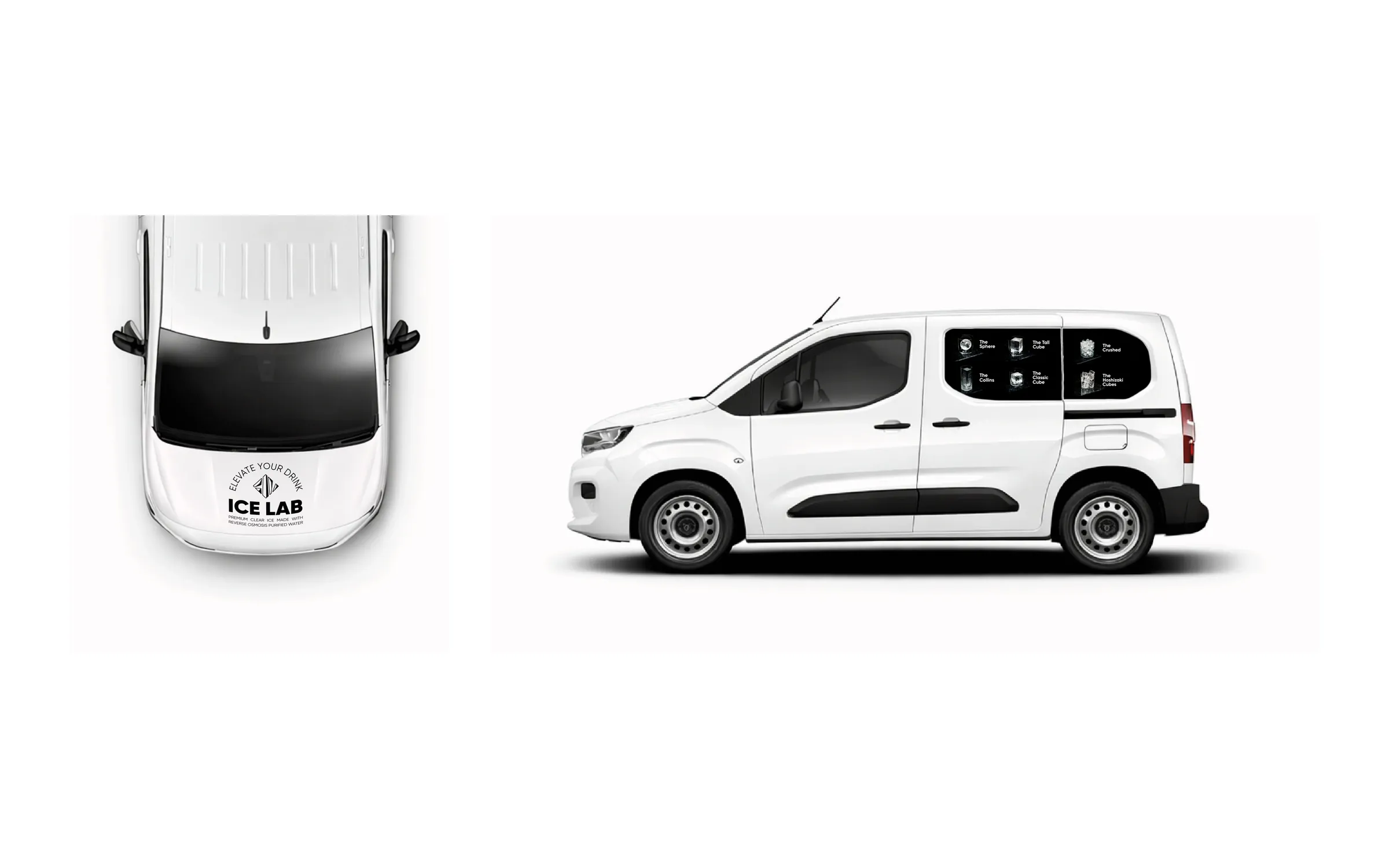 White delivery van branded for Ice Lab: bonnet with the curved 'Elevate your drink' logo and the side door with ice formats.