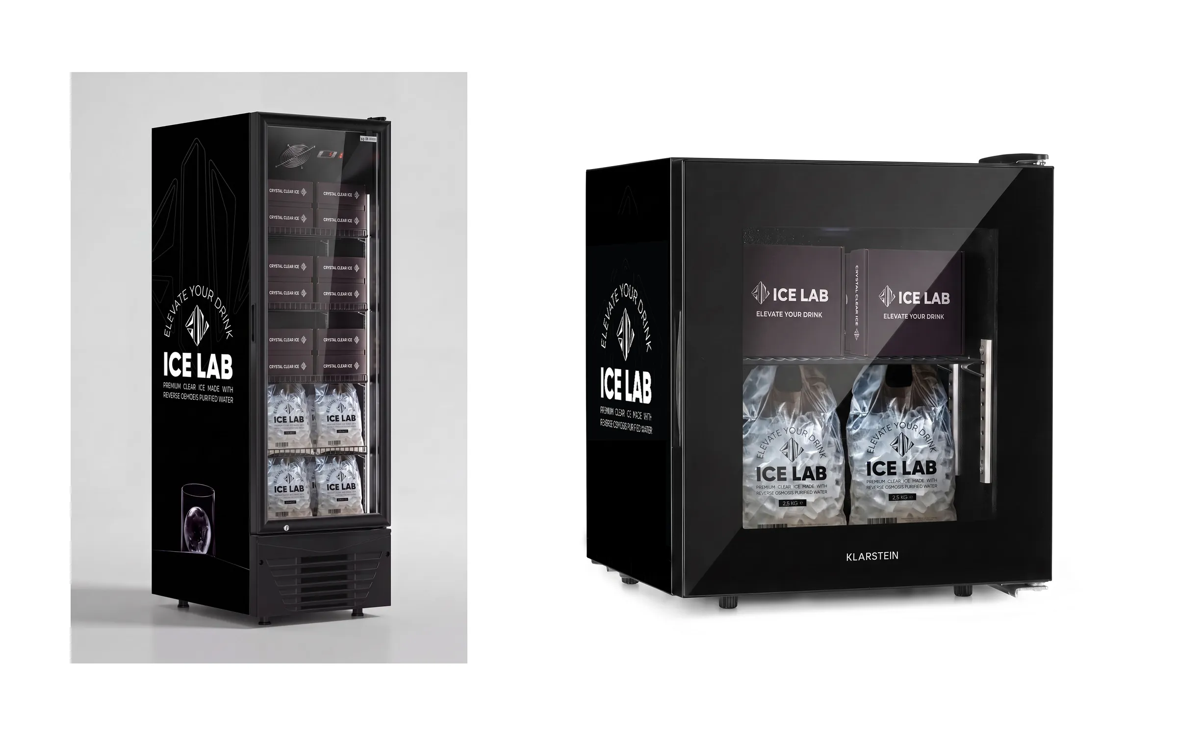 Two black Ice Lab point-of-sale freezers wrapped with the logo and curved tagline, stocked with branded ice bags.
