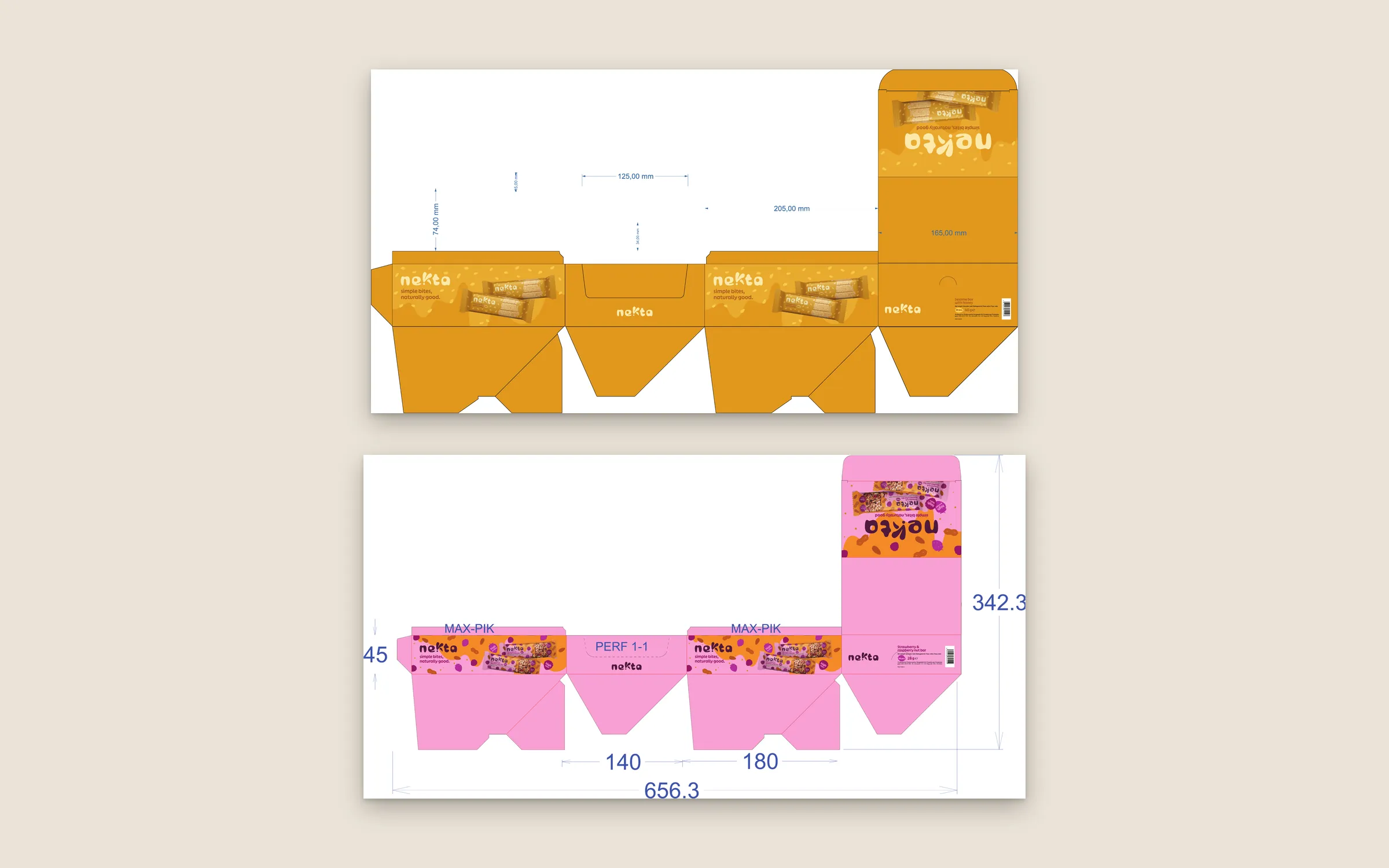 Two flat display-box dielines (sesame bar and strawberry-raspberry bar) showing every panel, fold and tuck flap of the counter display.