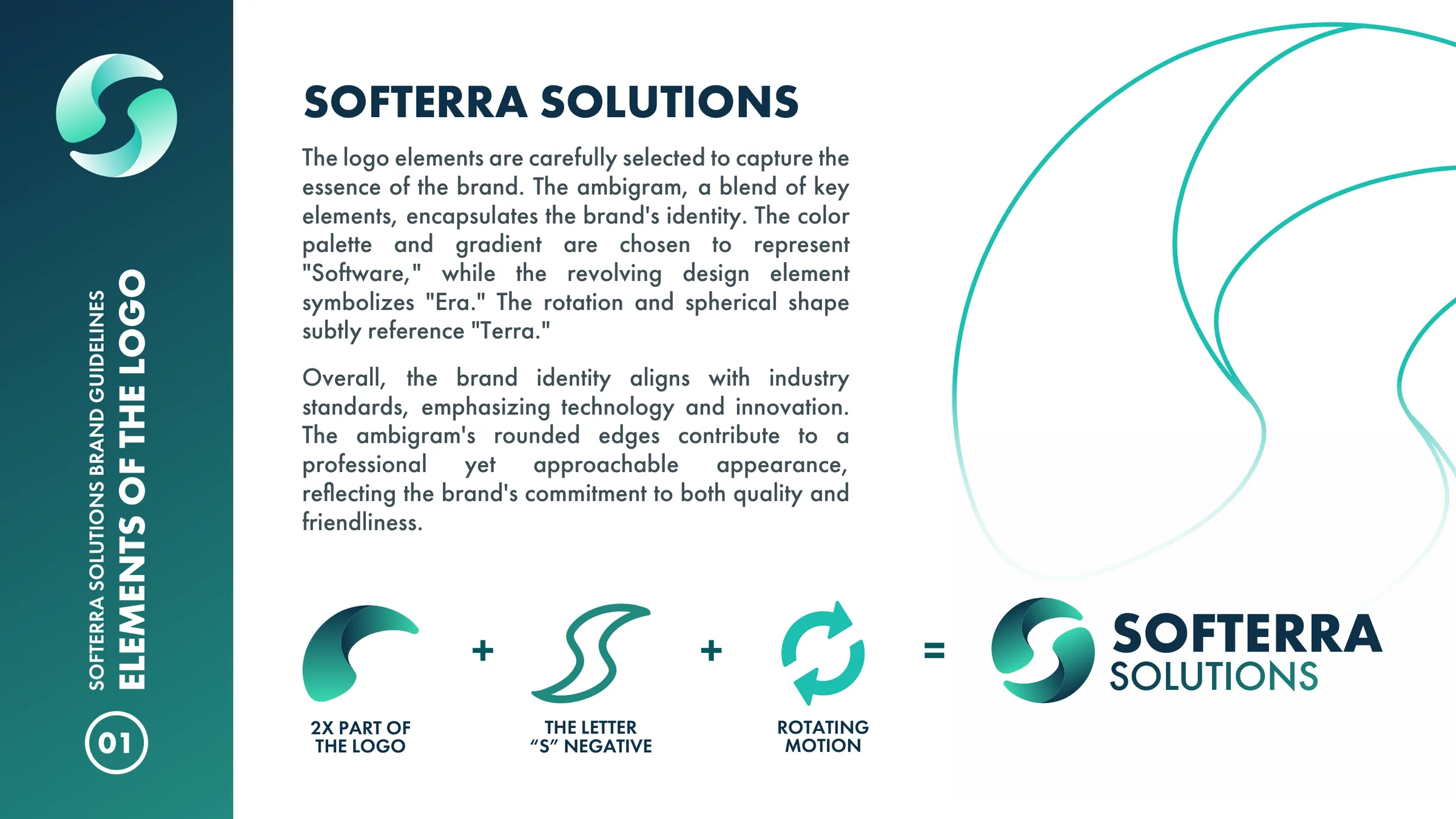 Guidelines page explaining the logo: two halves of an S plus rotating motion combine into the Softerra ambigram.