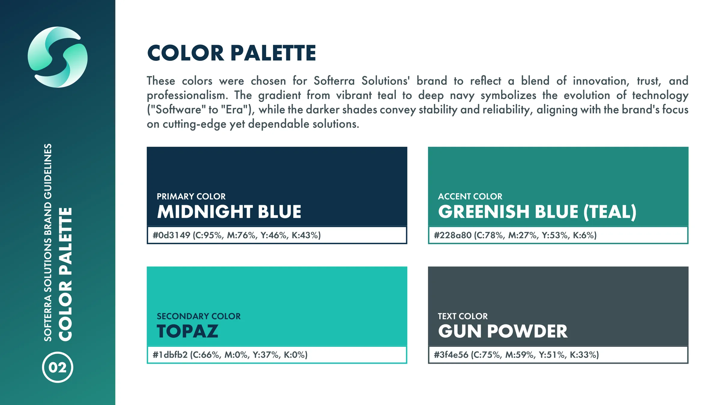 Colour palette page: midnight blue, greenish blue (teal), topaz and gun powder with values.