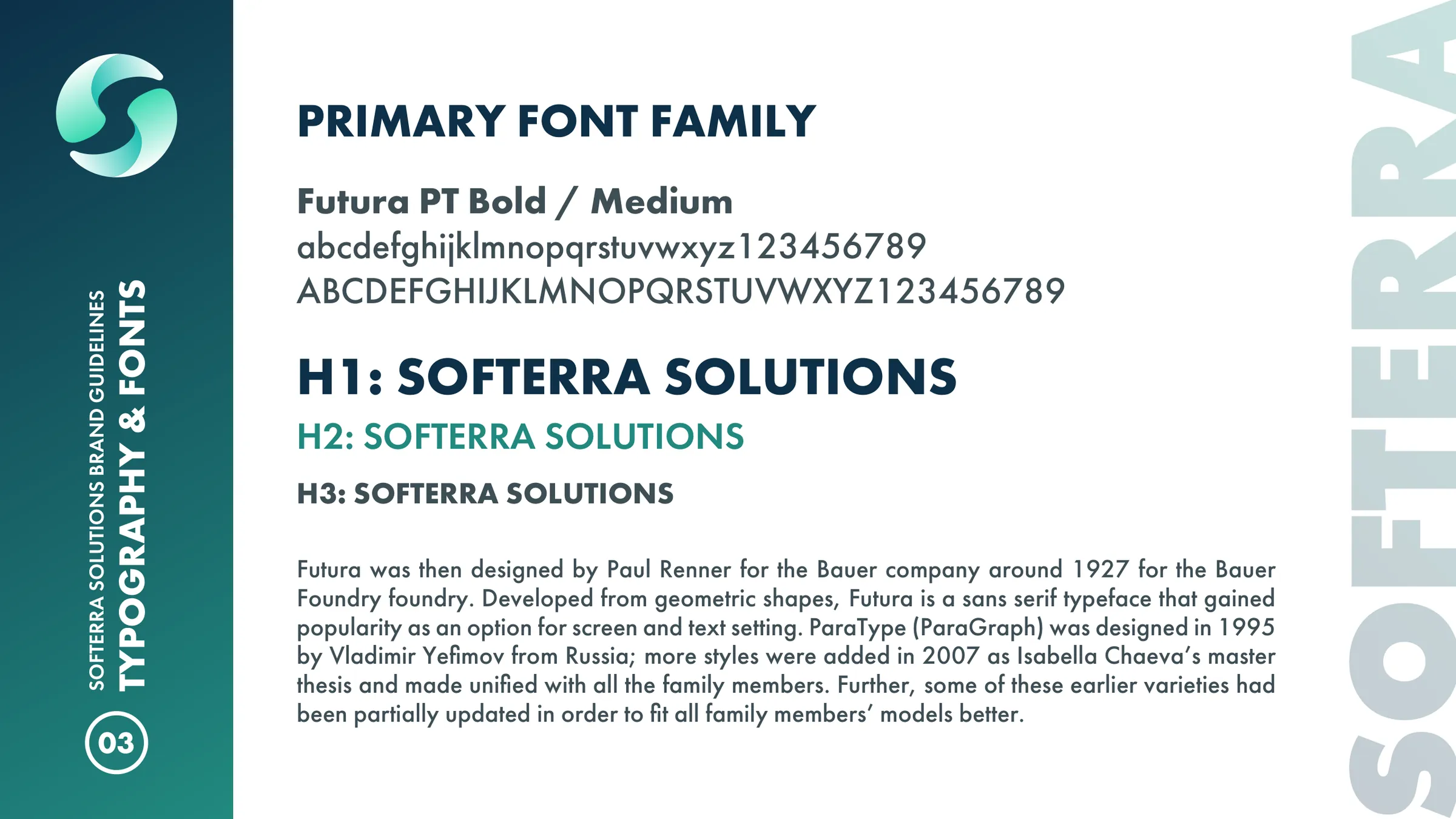 Typography page: Futura PT Bold and Medium with hierarchy examples.