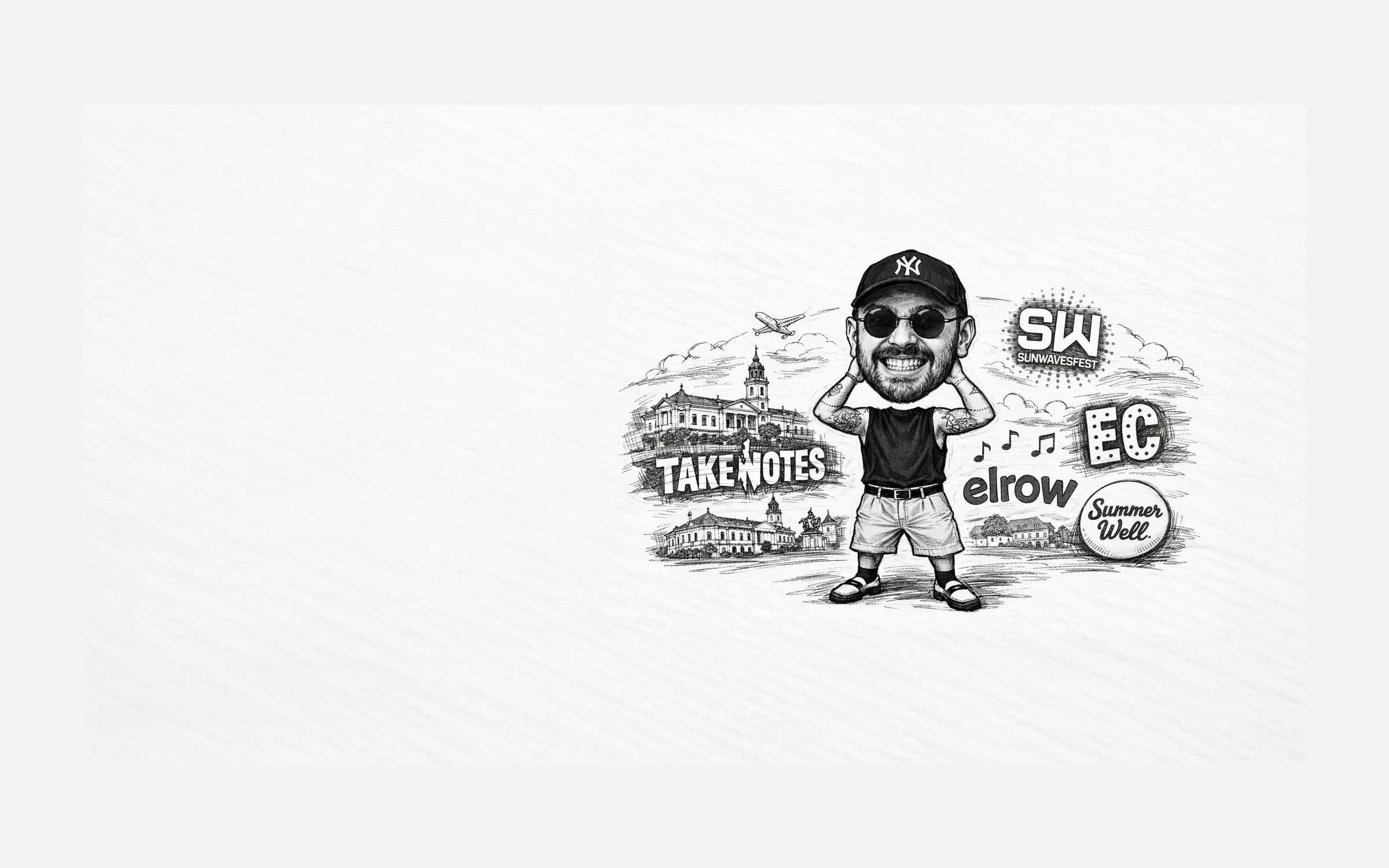 Black-and-white caricature illustration of the DJ with headphones, surrounded by small sketches and festival badges.