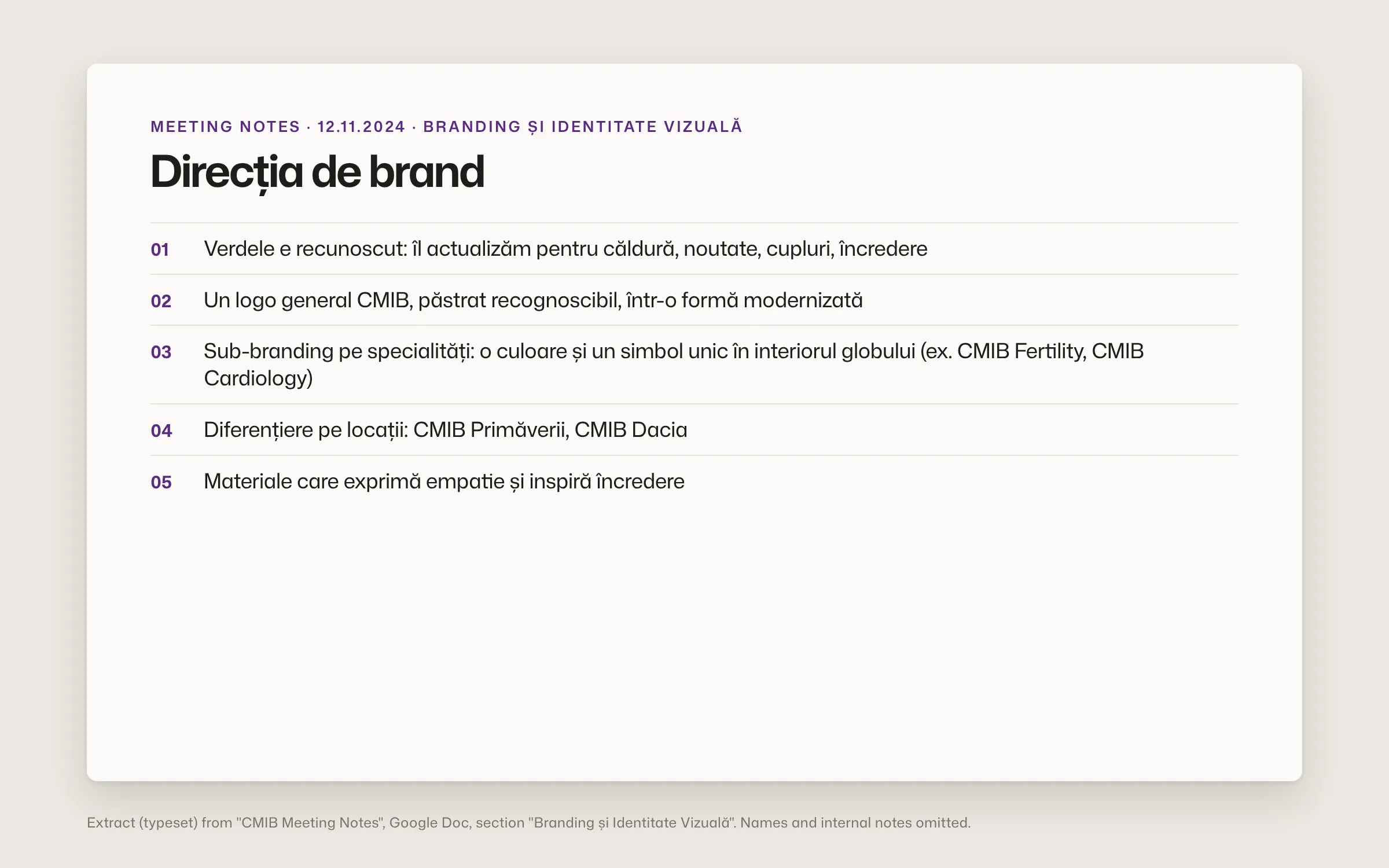 Typeset brief extract: keep the recognised green but warmer and newer, one master CMIB mark, specialty sub-brands with their own colour and symbol inside the globe, and location variants for Primăverii and Dacia.