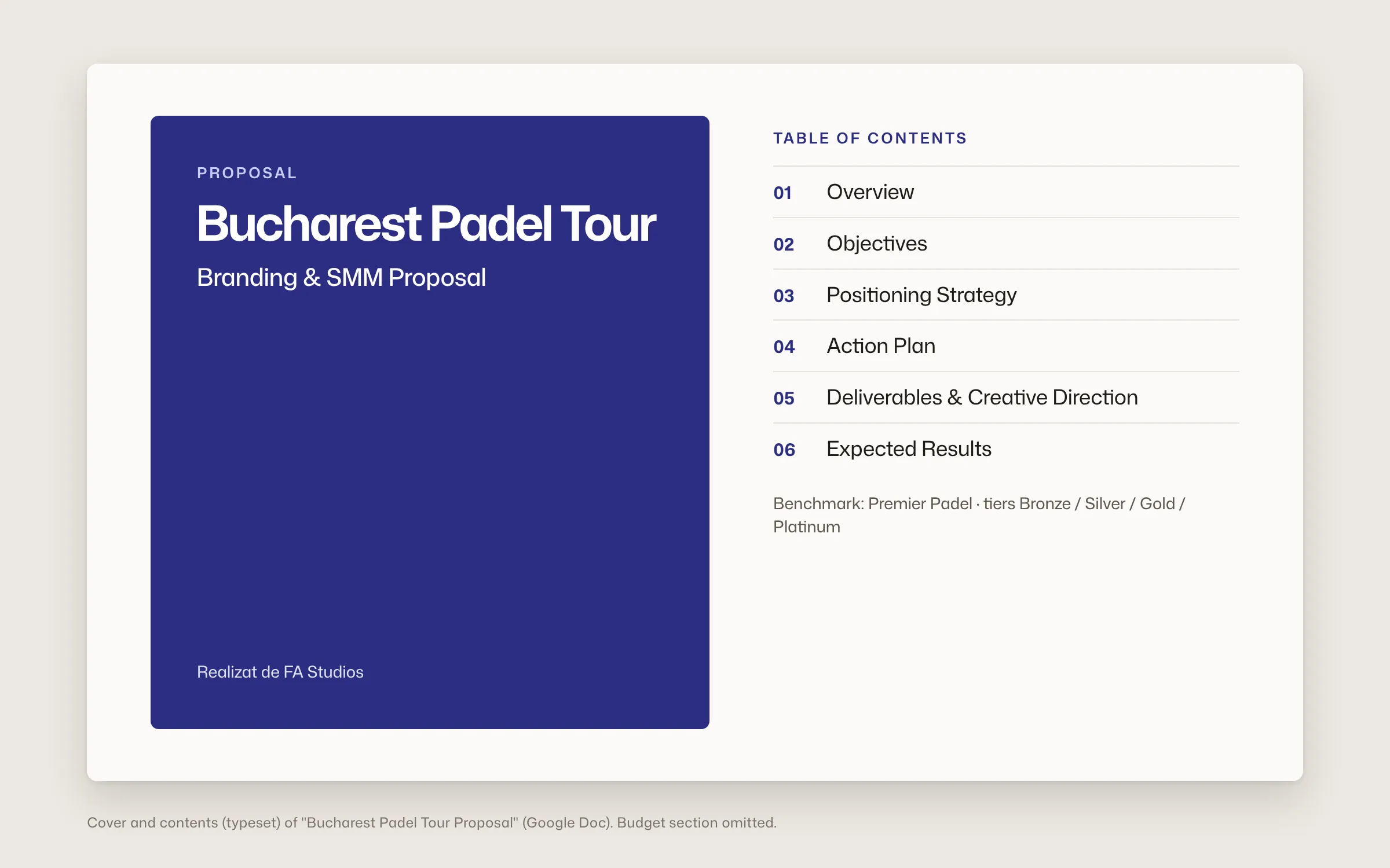 Typeset cover and contents of the Bucharest Padel Tour branding and social proposal by FA Studios: overview, objectives, positioning, action plan, deliverables and expected results.
