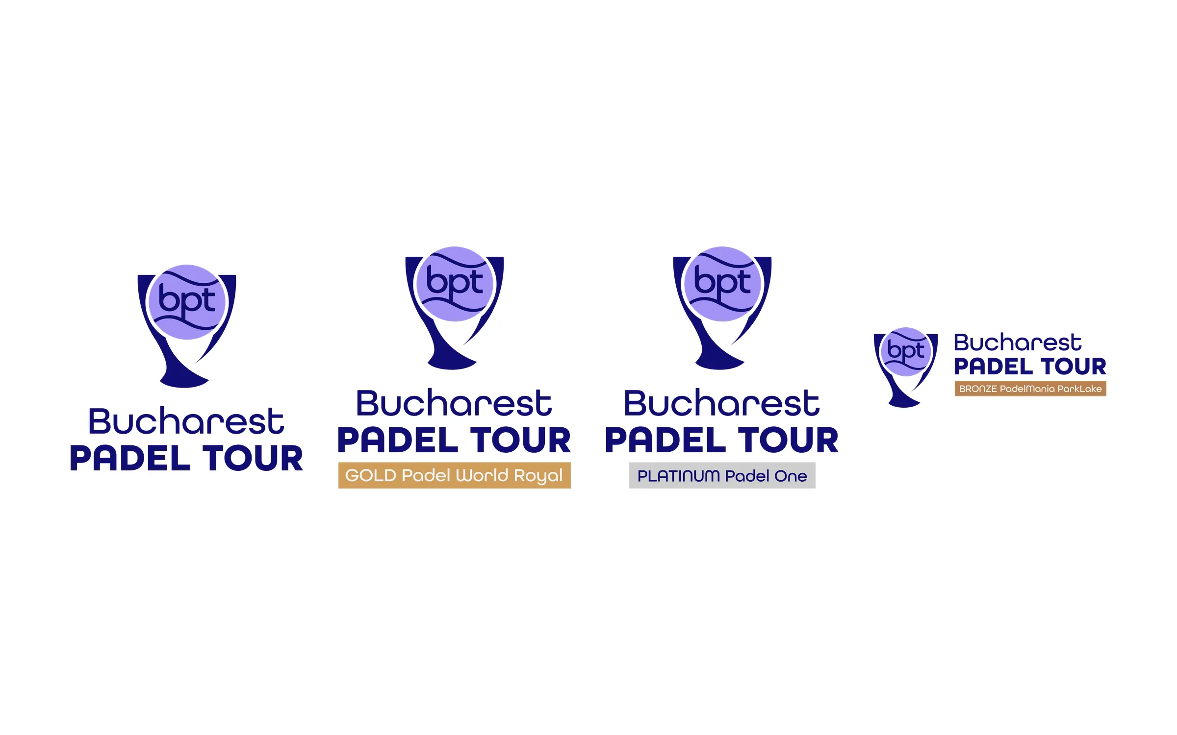 Bucharest Padel Tour identity: the main vertical logo beside the Gold, Platinum and Bronze tier lock-ups for each host club.