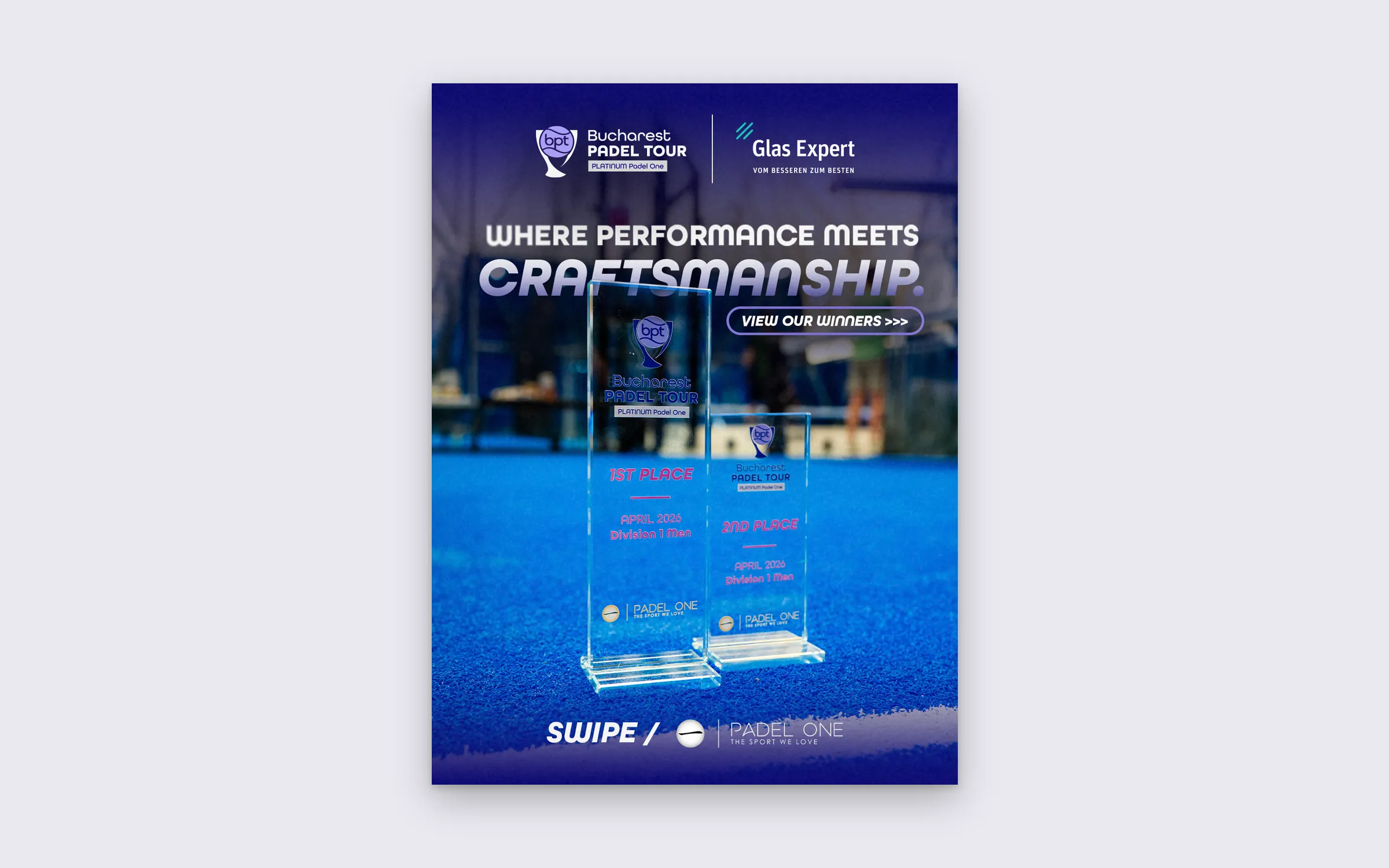 Bucharest Padel Tour winners carousel cover with the glass trophies on a blue court.
